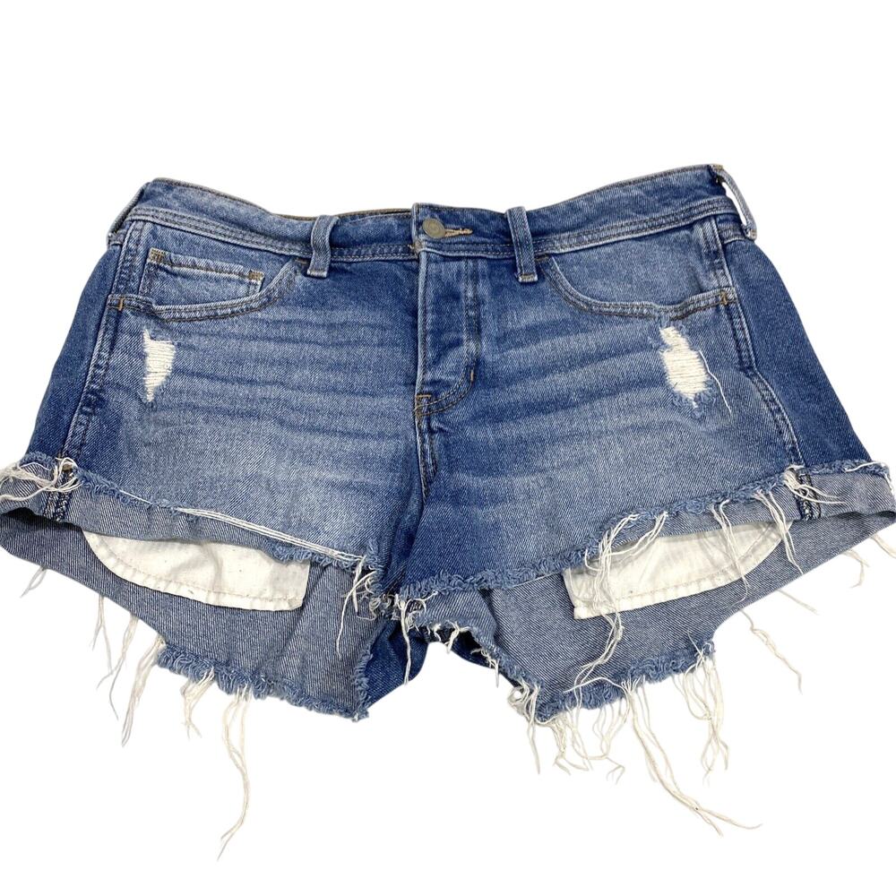 Hollister Blue Denim Cut Off Shorts Button Front Boyfriend Distressed size 9/29